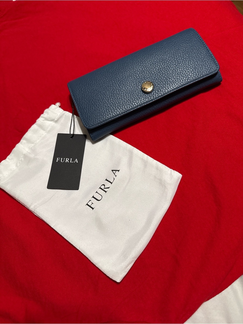 Furla Navy Pebbled Leather Snap Wallet with Gold Button